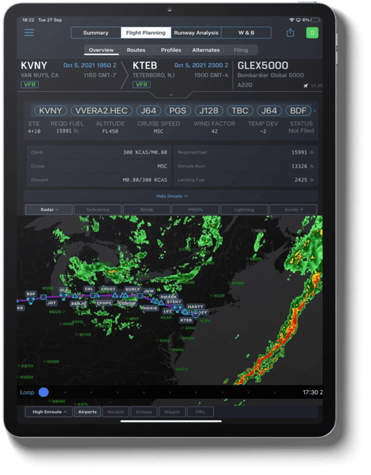 Example of weather radar layers on an EFB app
