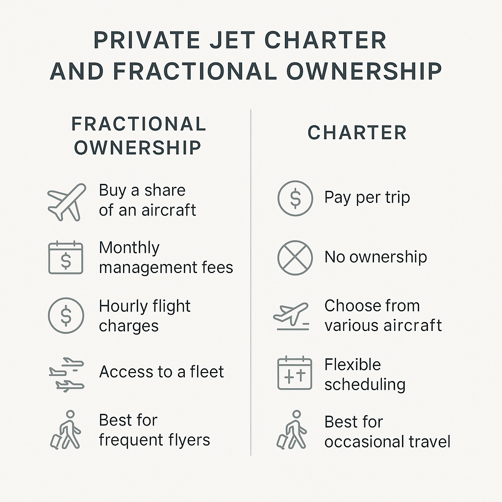 Side-by-side infographic comparing private jet fractional ownership and charter, showing key differences in cost, aircraft access, scheduling, and ideal user profiles.