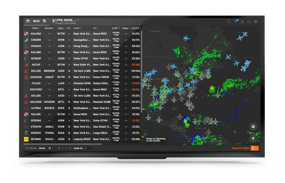 Desktop monitor with FlightBoard screen showing flight lists and aircrafts inflight on map