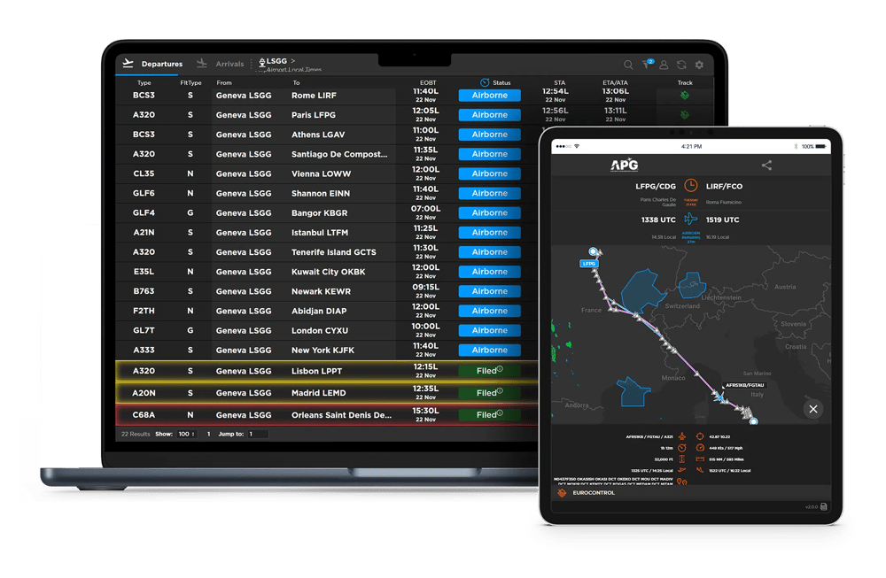 Macbook and iPad with FlightBoard screen showing routing maps and flight lists