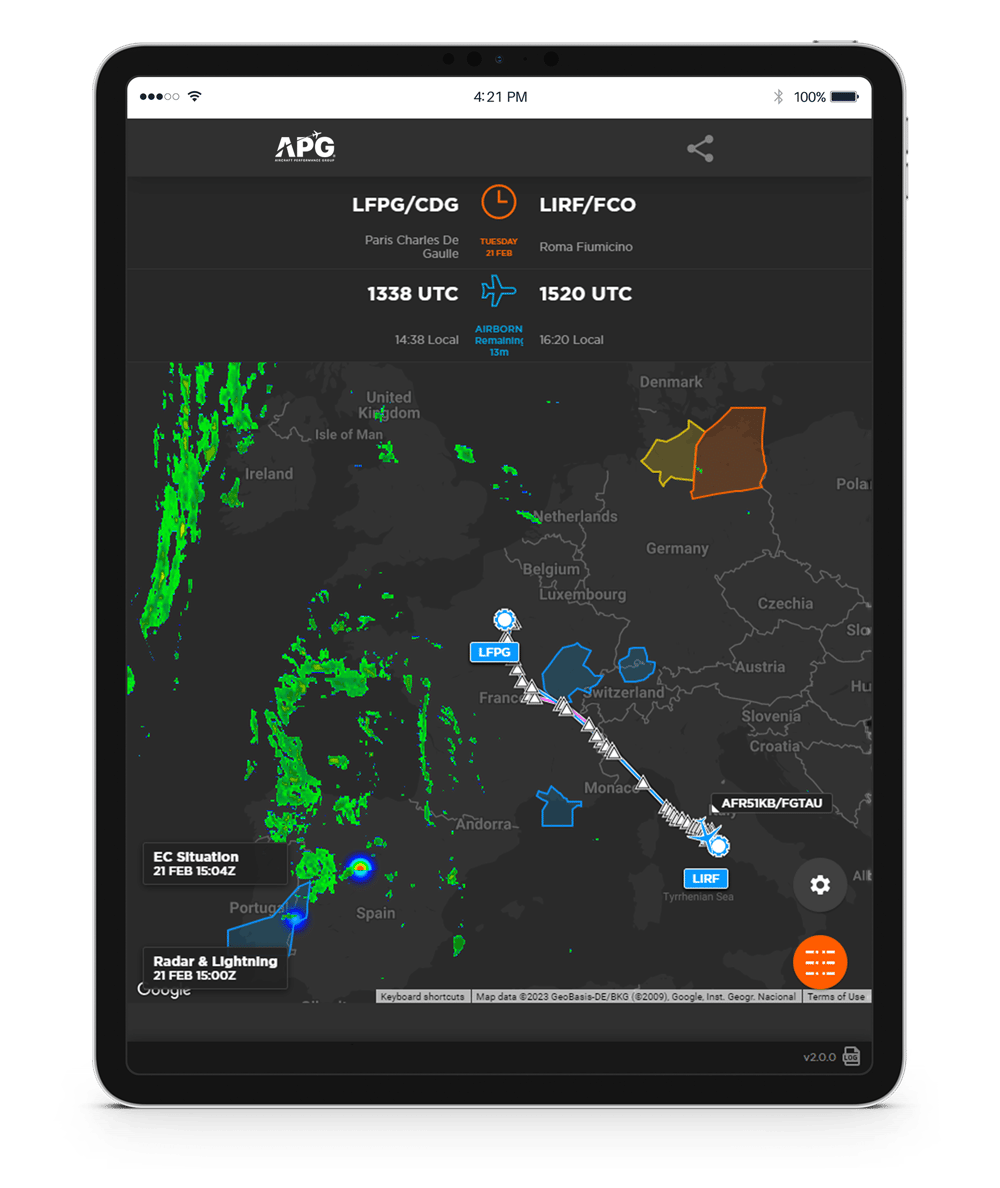 iPad showing a weather radar screen on the FlightBoard app