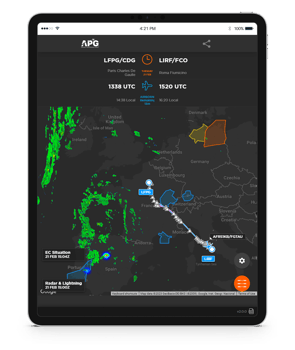 iPad showing a weather radar screen on the FlightBoard app