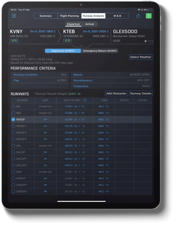 APG Aviation performance data criteria shown on an iPad