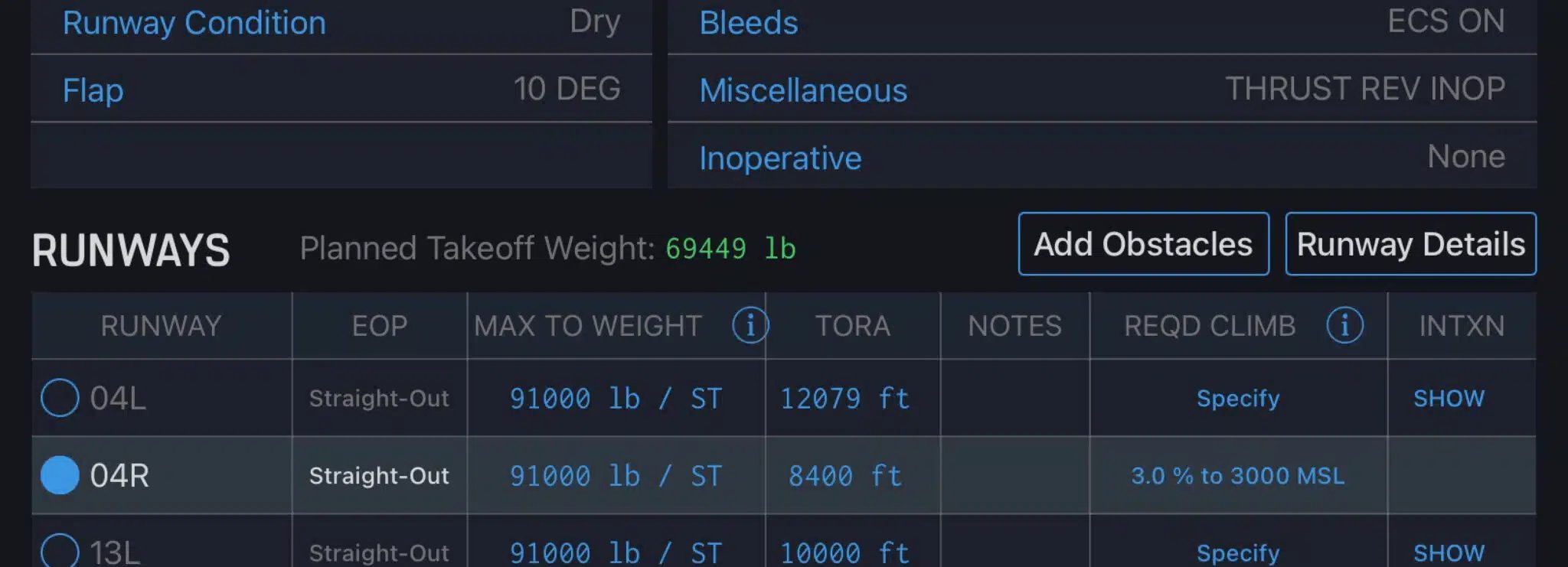 Runway obstacle clearance screen from APG's iPreFlight Genesis PRO app