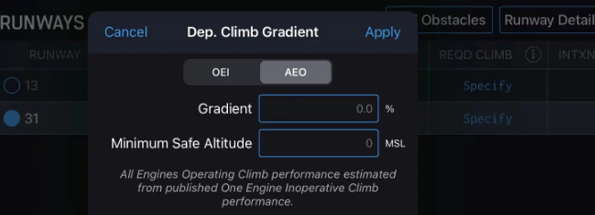 Close up showing aviation performance data for one engine inoperative and all engines operating scenarios