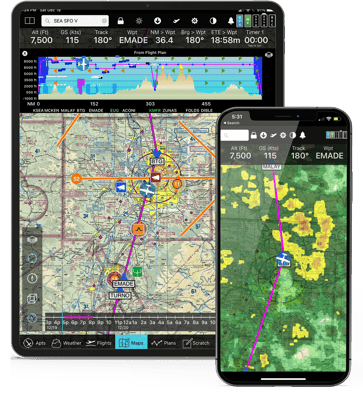 iPad screens showing FlyQ+ EFB