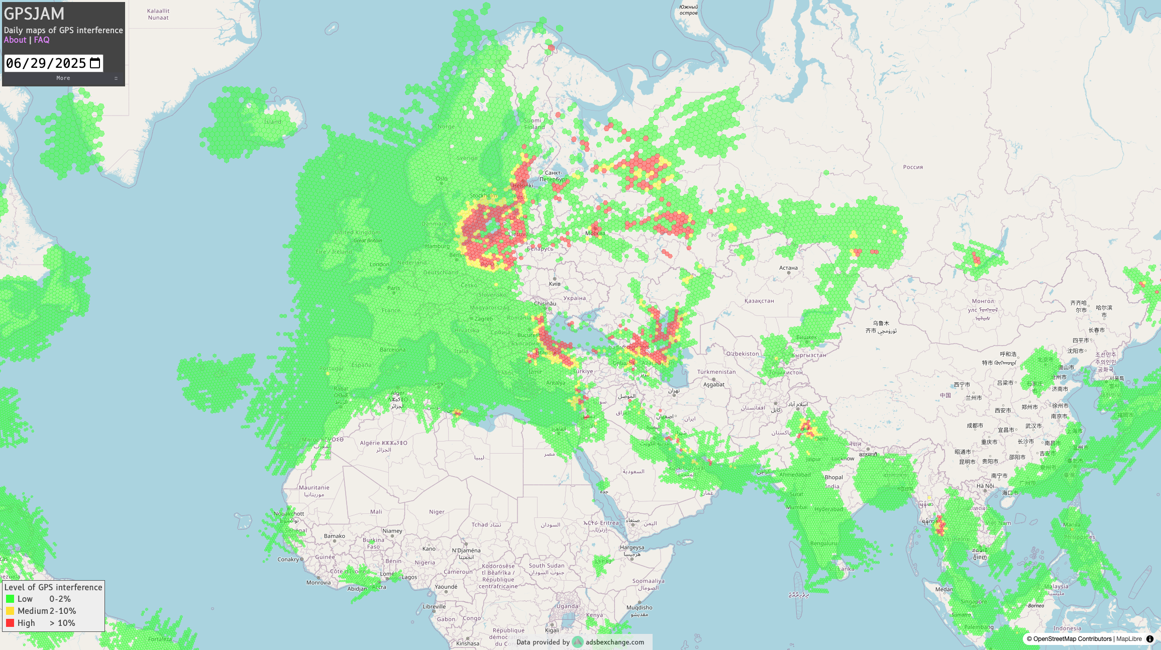 Map of GPS interference levels across Europe, Asia, and Africa dated June 29, 2025, showing low (green), medium (yellow), and high (red) GNSS signal disruption zones.