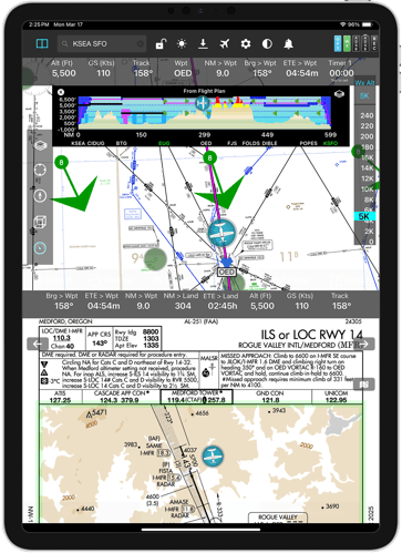 FlyQ: electronic flight bag software showing winds and plates