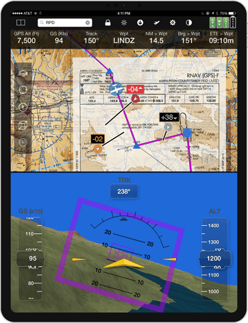 Product Screenshot: EFB app with split screen interface on Apple iPad