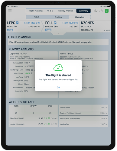 RB13B - “The flight is shared” window on Summary – Overview Page Light