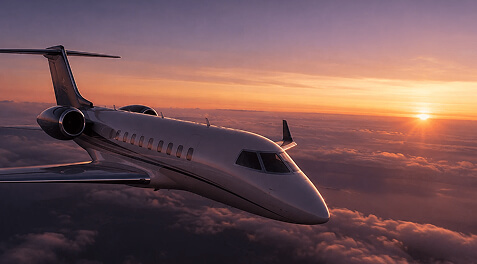 business jet above the clouds