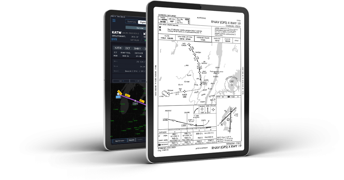 Stacked iPad screen with APG ChartData and flight planning applications