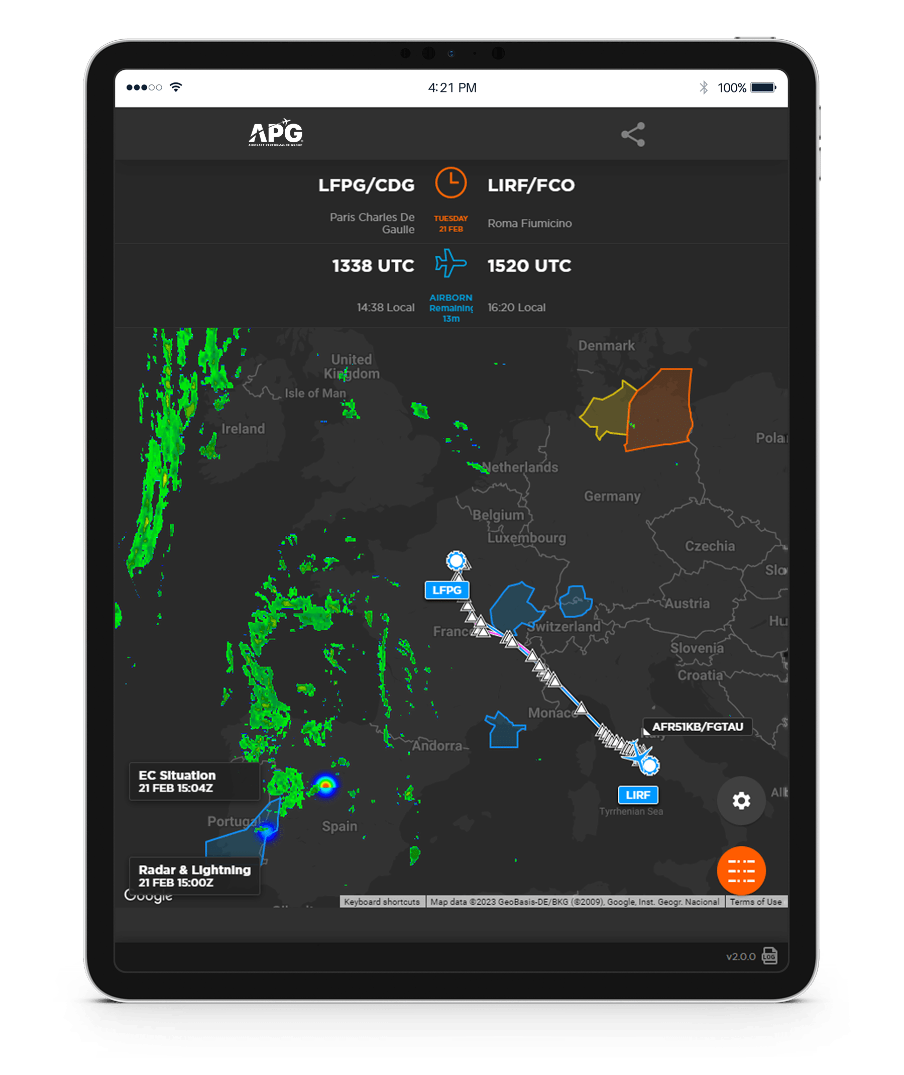 iPad showing a weather radar screen on the FlightBoard app