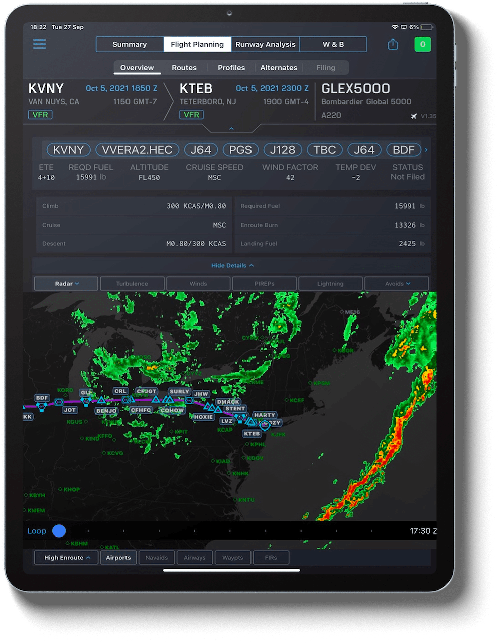 iPad flight planning app showing real-time weather data