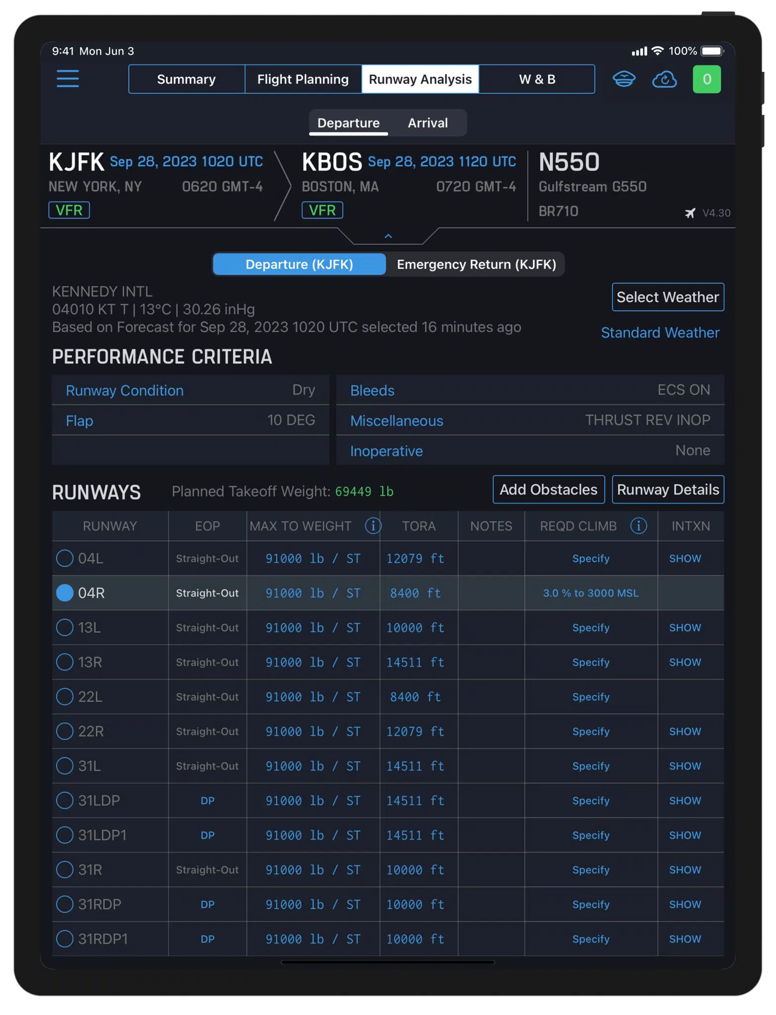 SID Analyzer iPad screen for flight planning