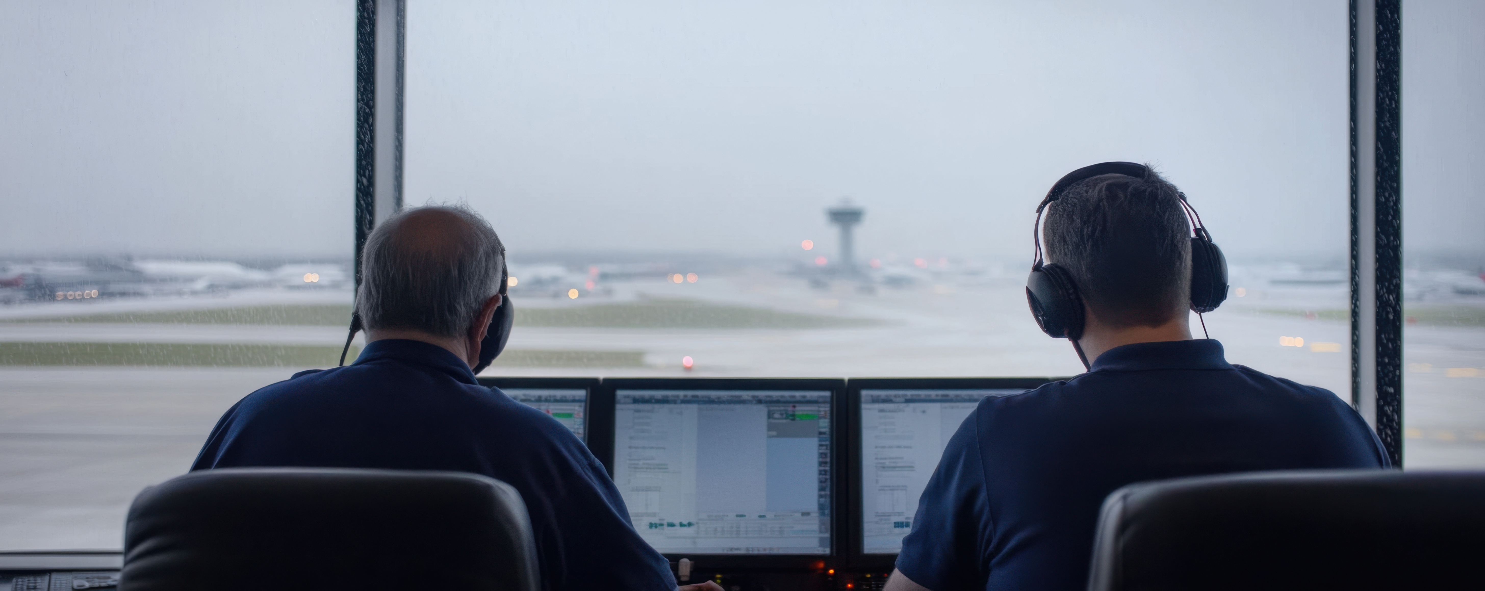 Air traffic controllers using standardized ATC phraseology to manage aircraft movement from a control tower during low-visibility conditions.